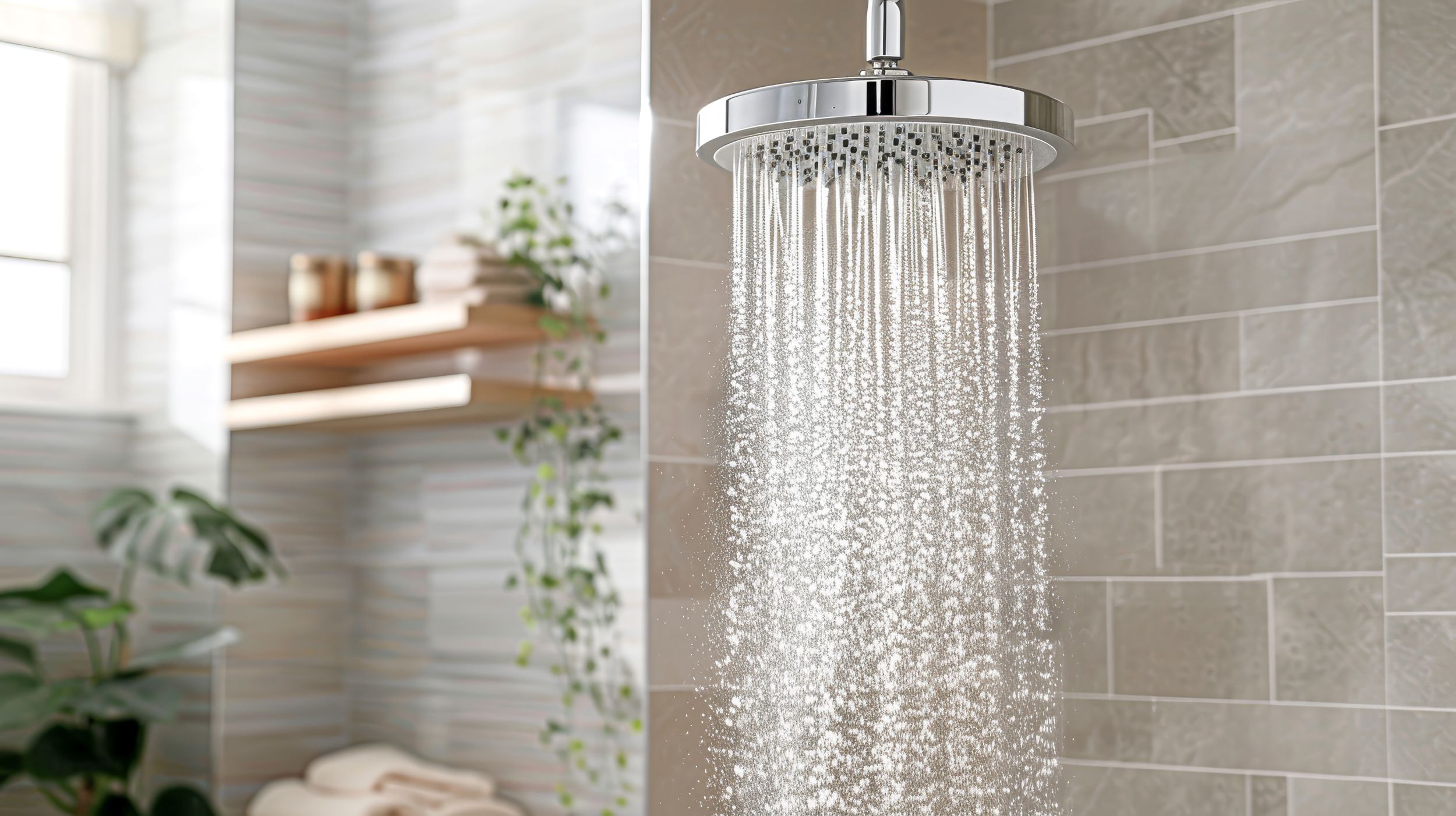 Shower head on in a family bathroom