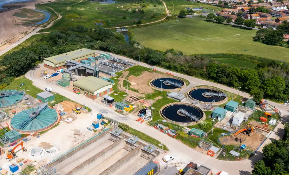 An aerial view of a water treatment facility
