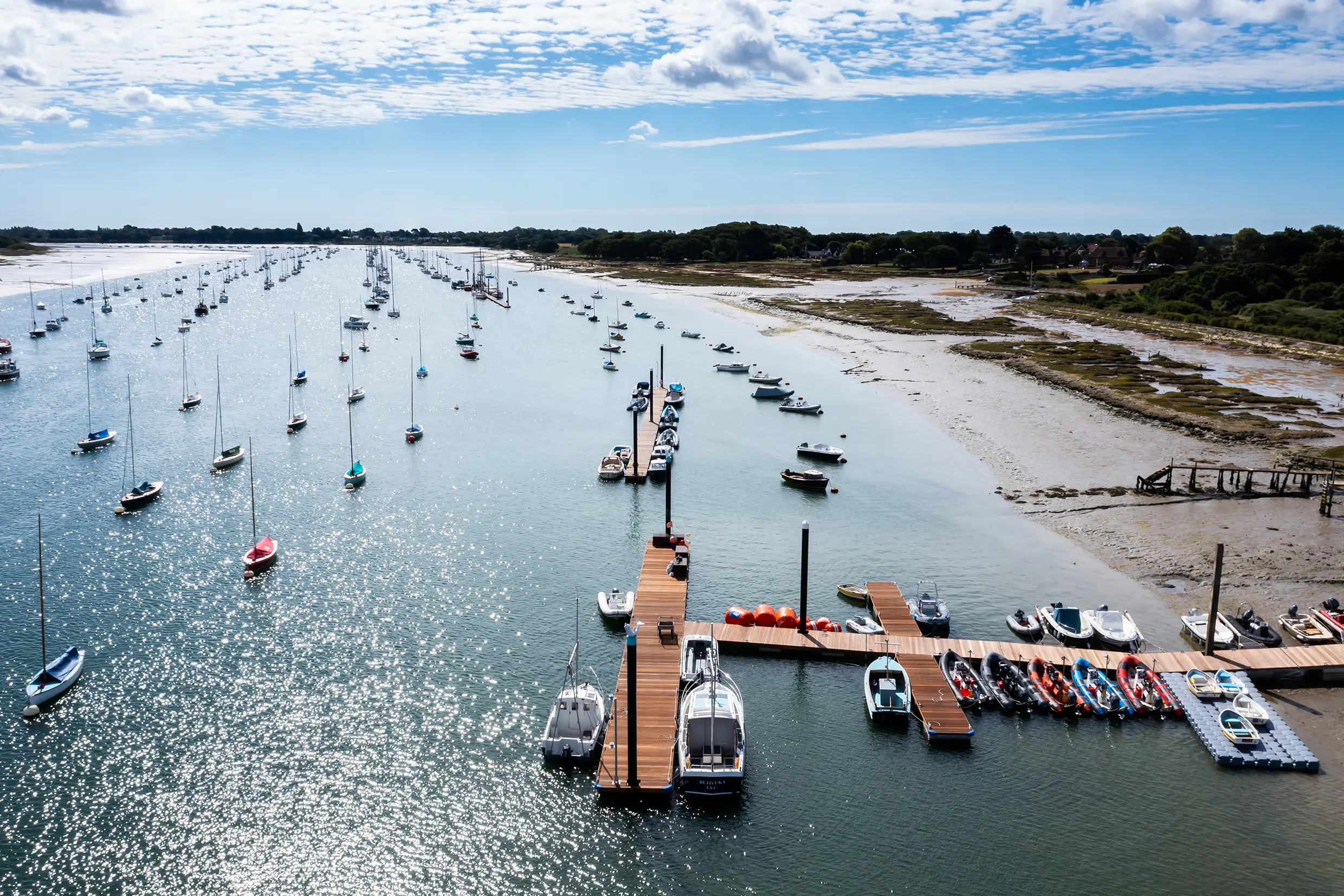 An aerial view of boats moored at Chichester Harbour