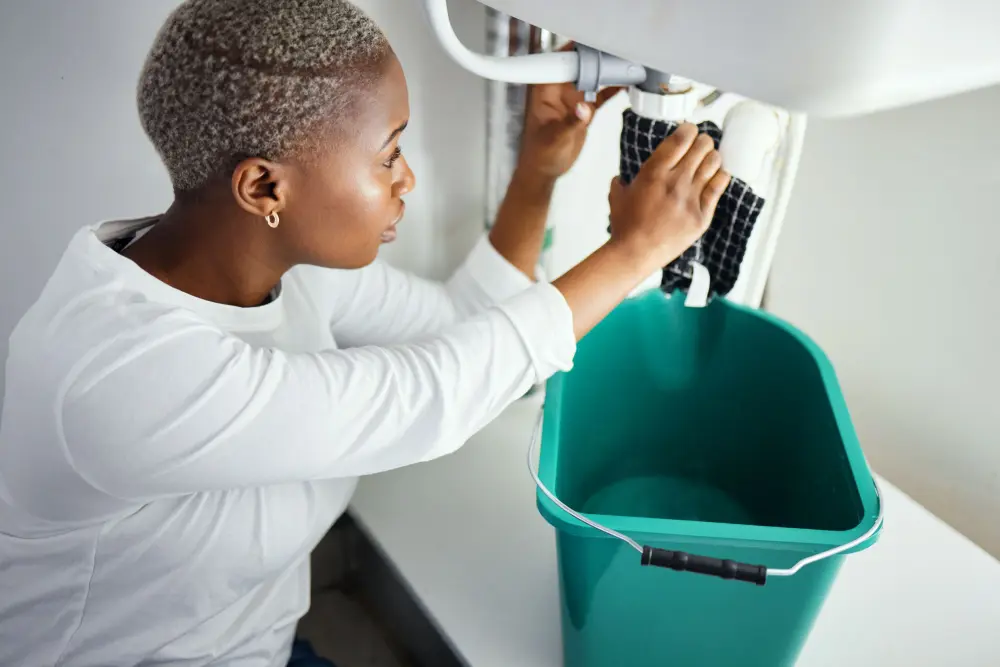 woman dealing with a leak in kitchen